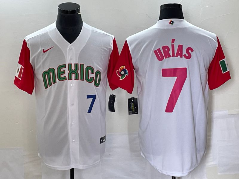 Men 2023 World Cub Mexico 7 Urias White pink Nike MLB Jersey25